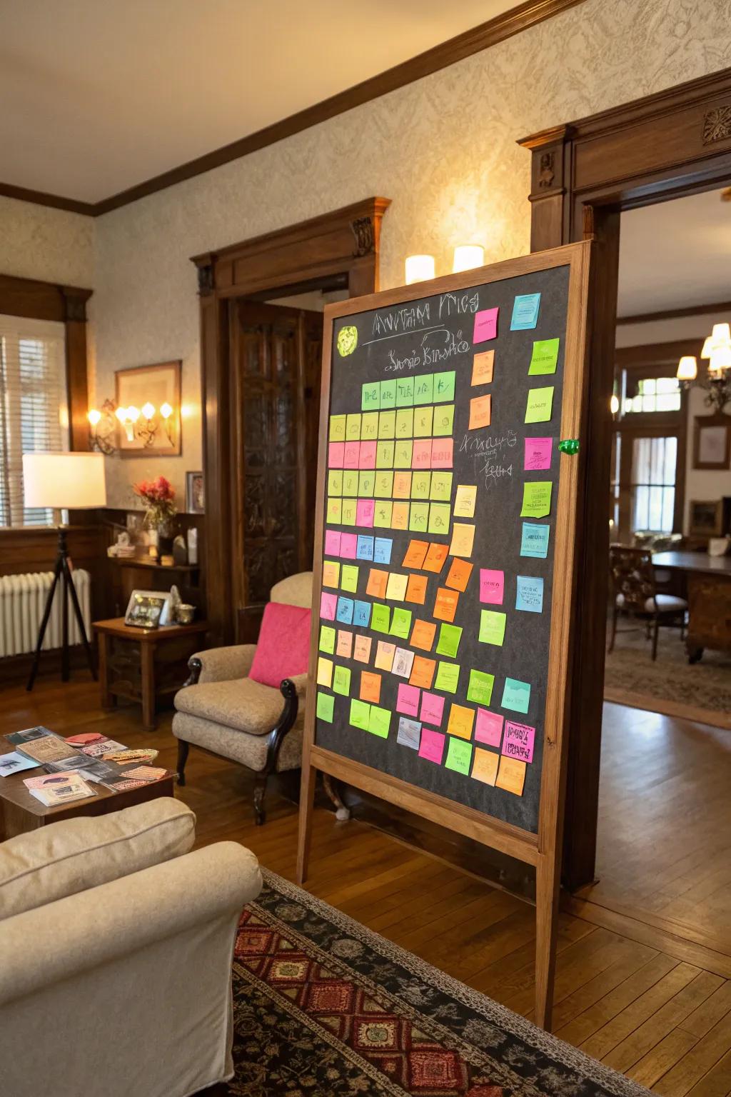 A pinboard showcasing neon adhesive notes and radiant markers.