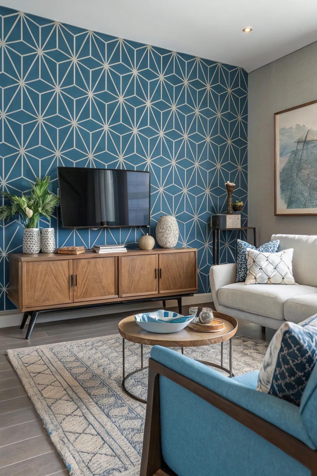 A chic geometric pattern accent wall in a contemporary living room.