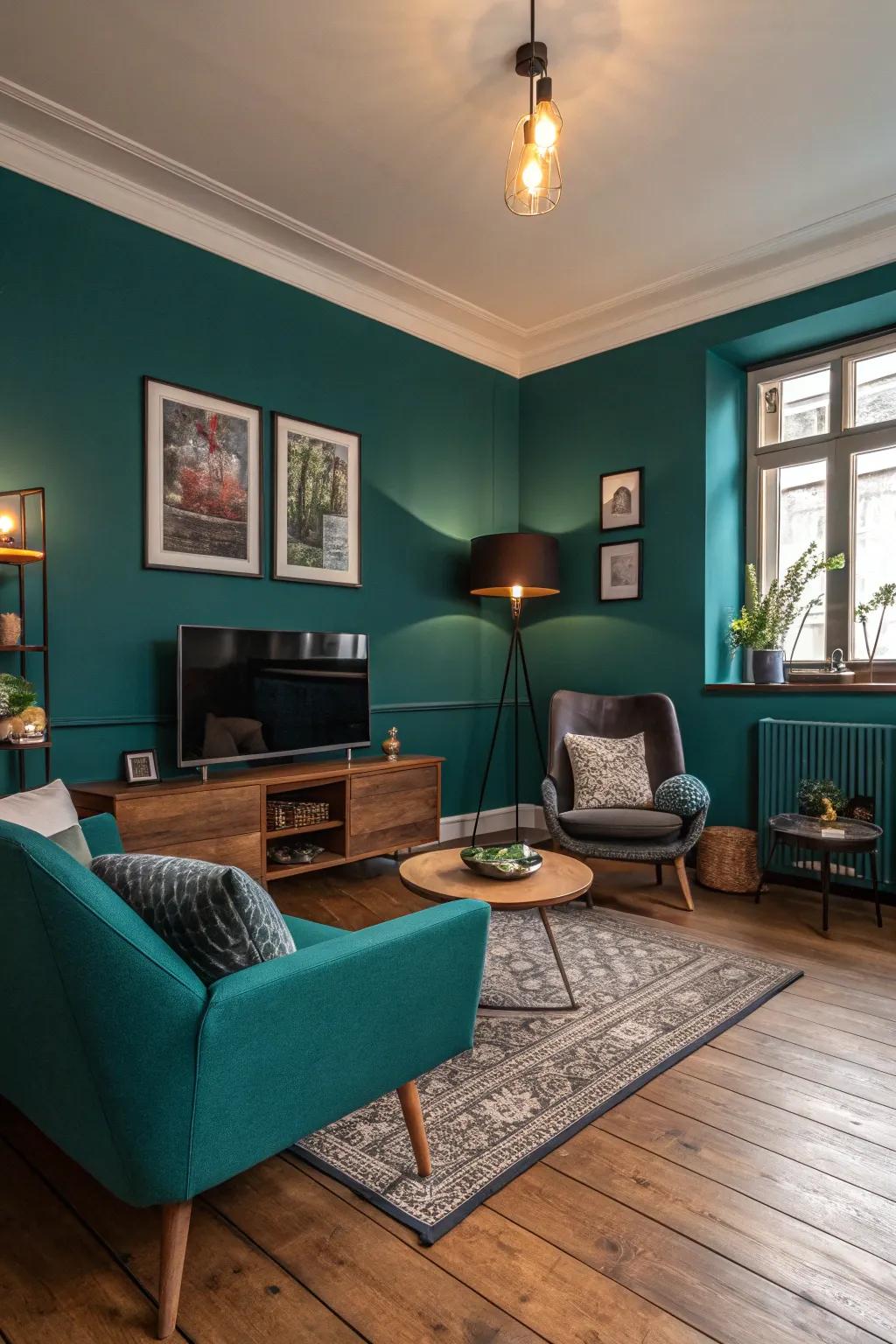 Deep teal accent wall adds a vibrant touch to the living room.