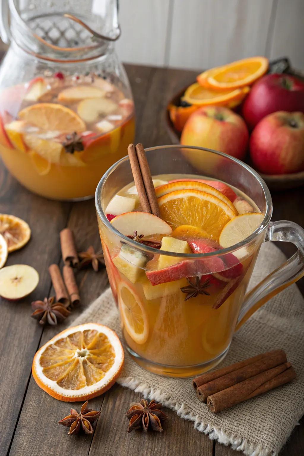 Classic apple cider punch with vibrant garnishes.