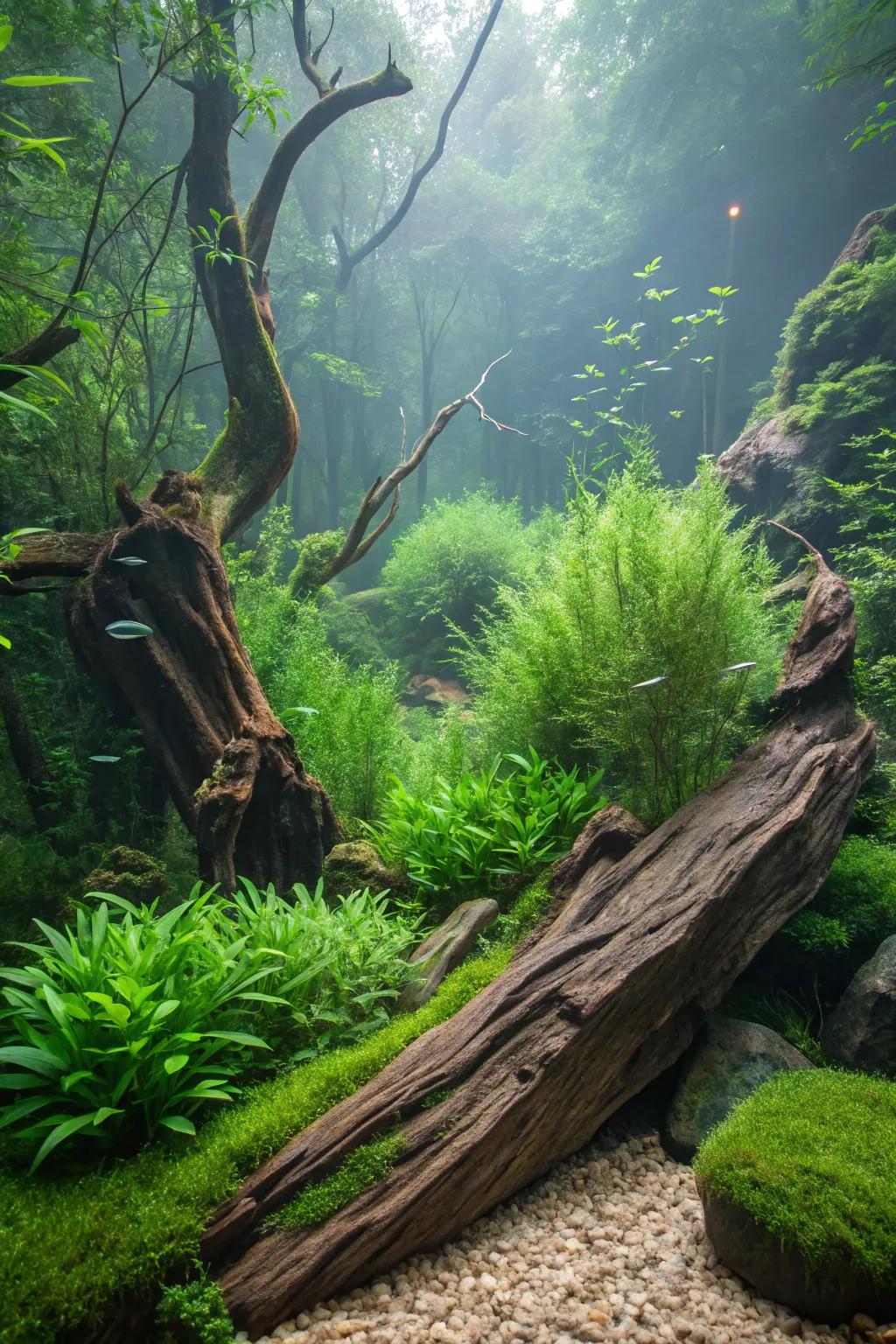 Create a natural oasis with lush greenery and driftwood.