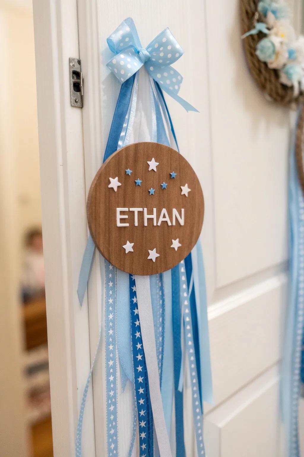 A personalized wooden name plaque door hanger enhanced with attractive star details.