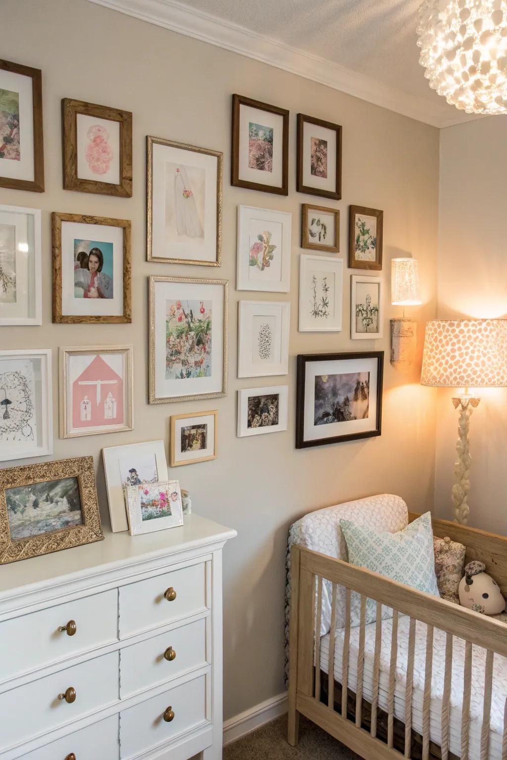 A gallery wall combines baby photos and art prints.
