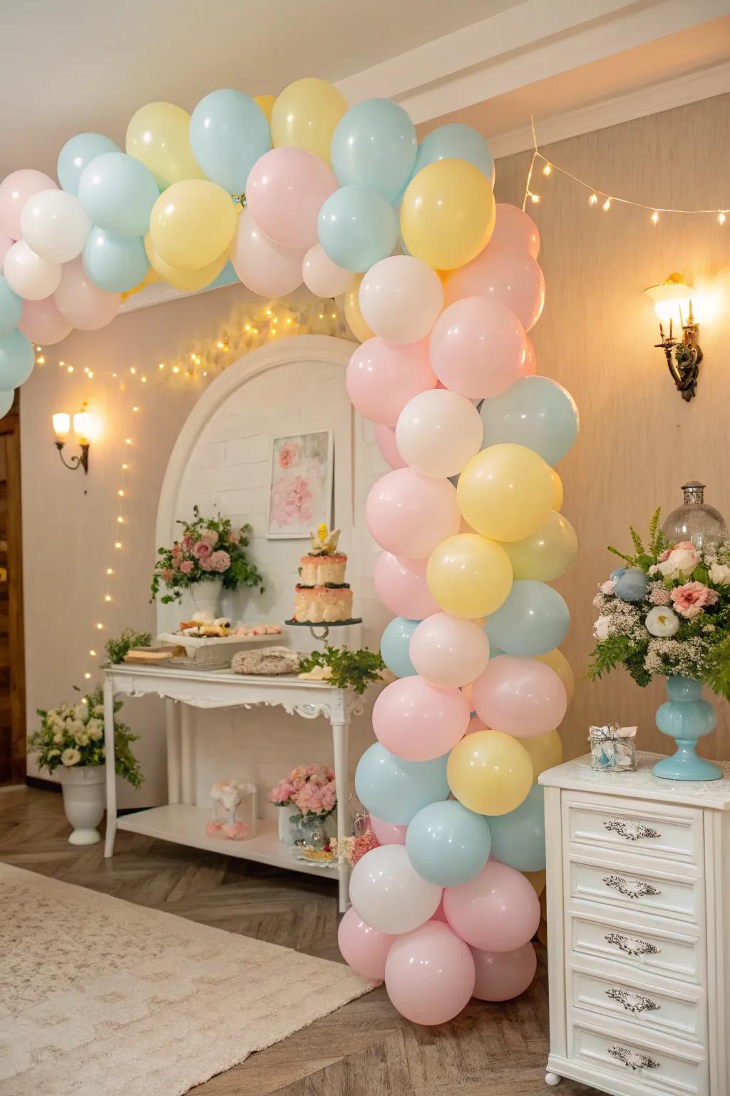 A pastel balloon garland beautifully frames the baby shower venue, creating a whimsical setting.