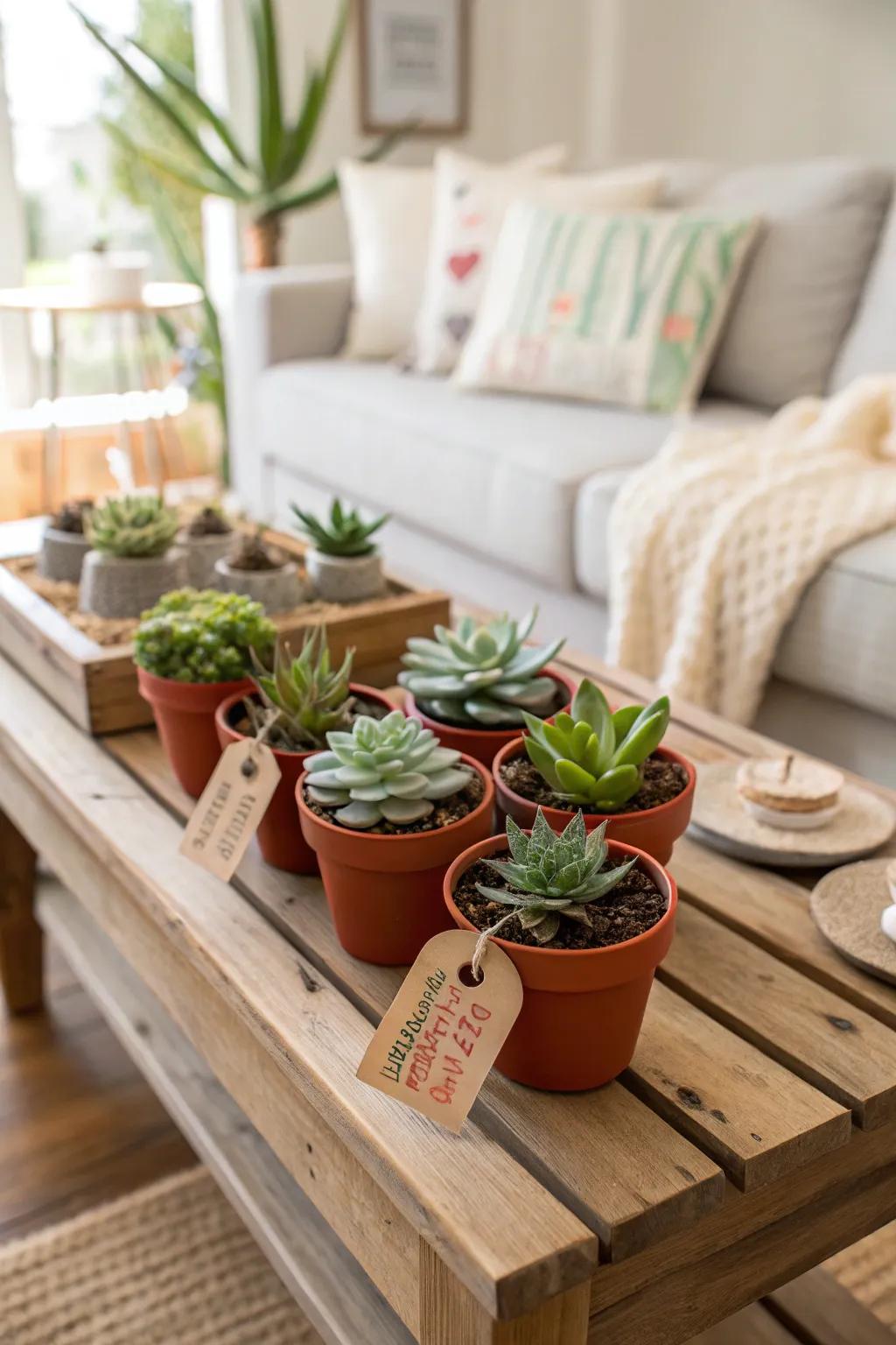 Charming mini succulents with personalized tags make a lasting impression.