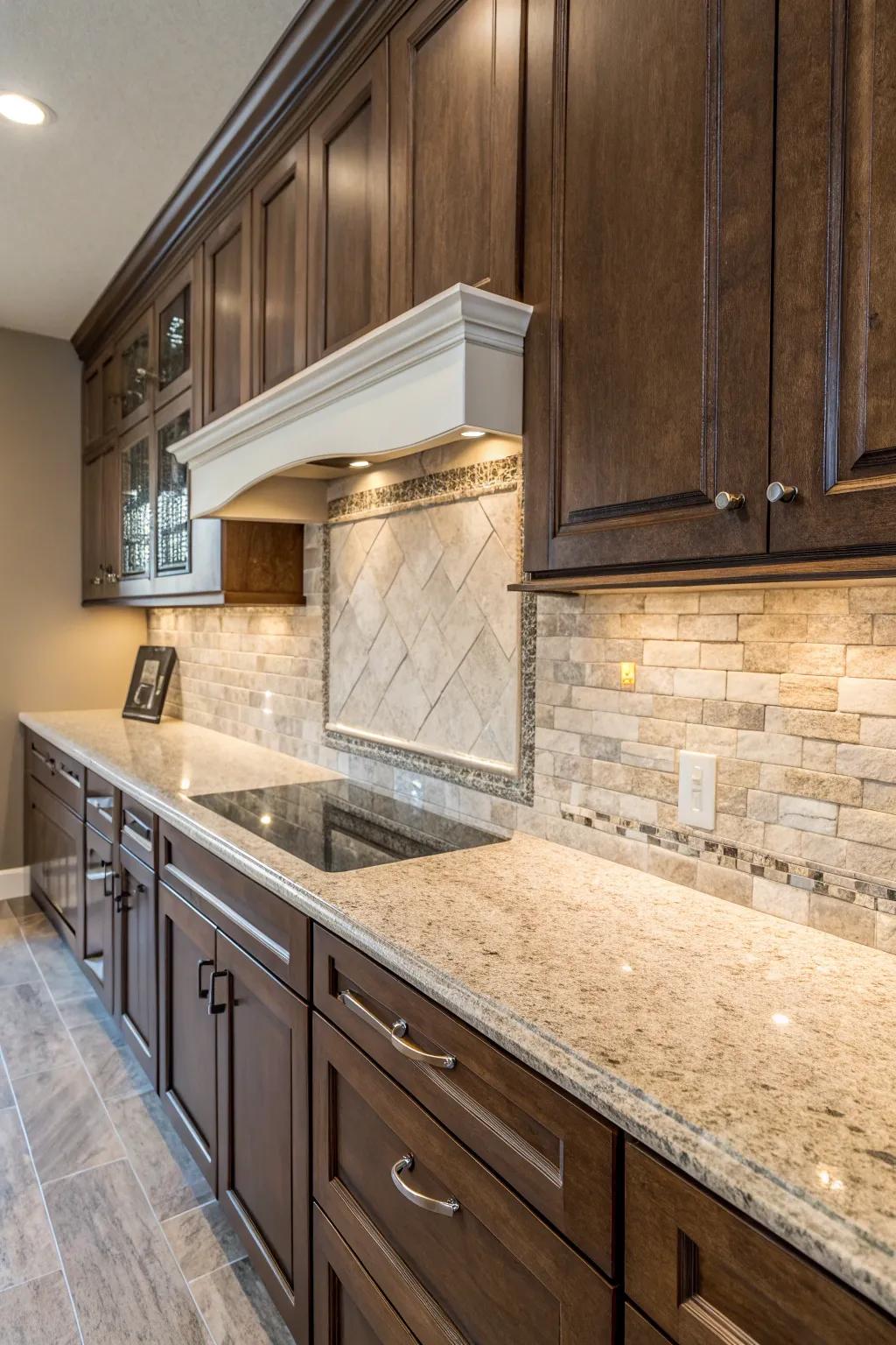 A mixed material backsplash adds texture and interest to granite countertops.