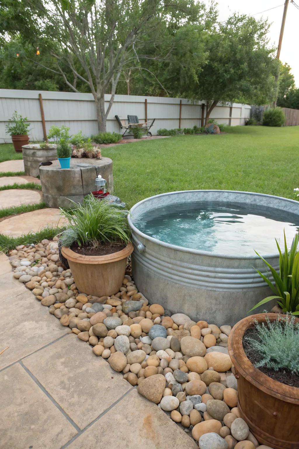 A stock tank pool nestled in a cozy backyard setting.