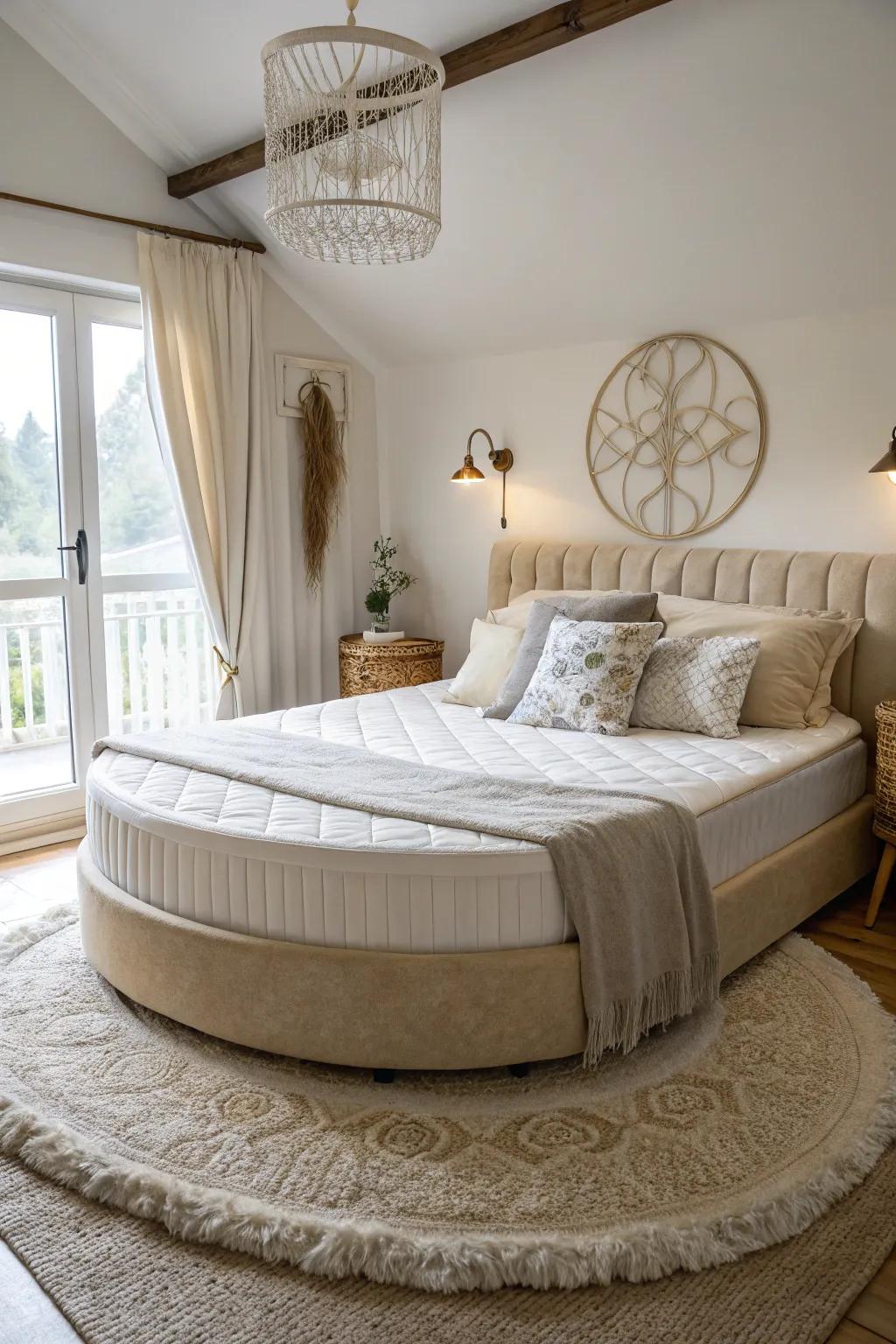 A bedroom showcasing a circular bed frame with a rectangular mattress awkwardly placed inside.