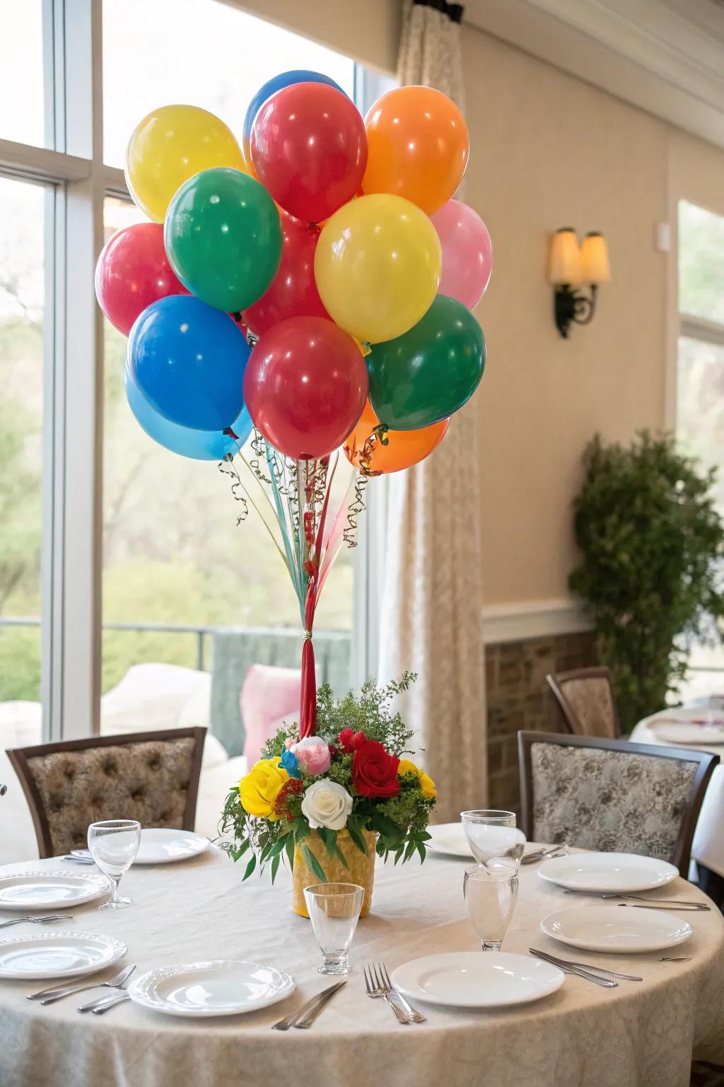 A vivid balloon arrangement centerpiece injects vibrancy into a dining space.