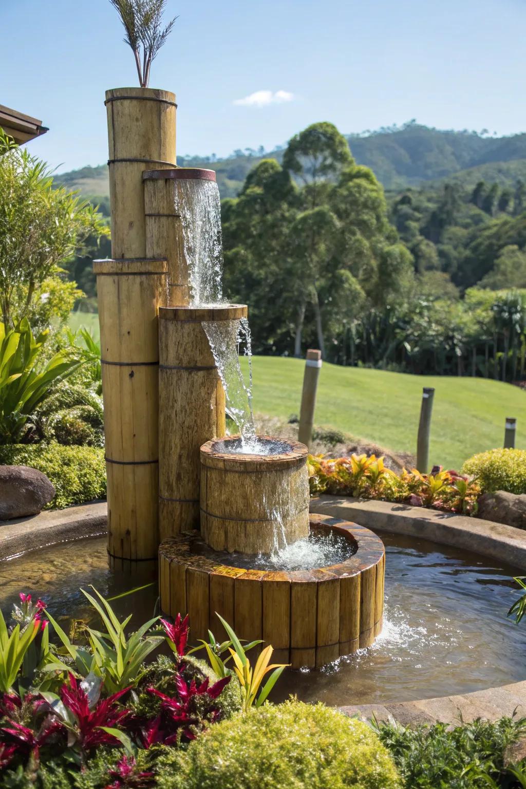 A tiered bamboo fountain featuring cascading water, elegantly positioned within a lush garden setting.