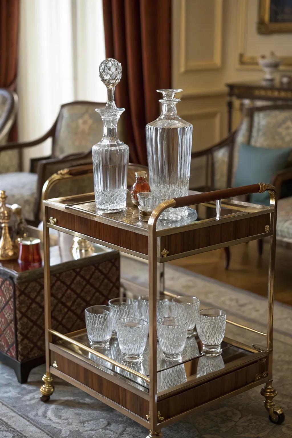 A classic bar cart with crystal and elegance.