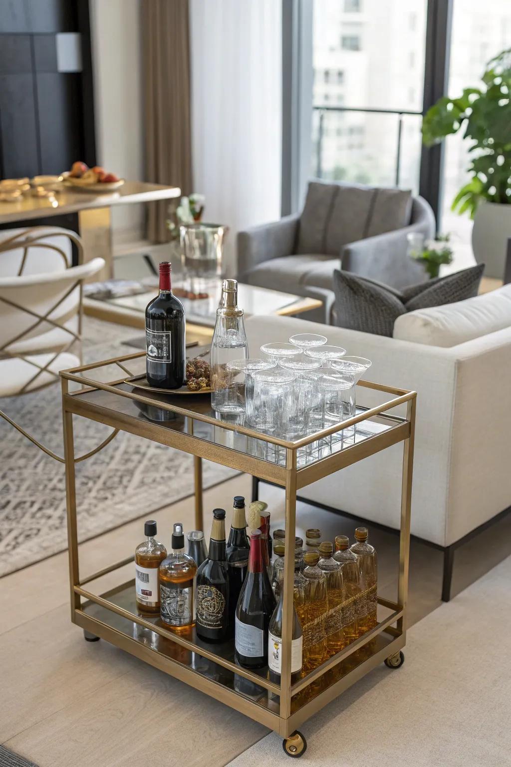 A mobile bar cart adds a touch of sophistication to any party.