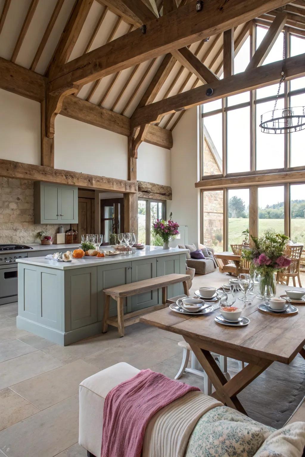 Open-plan living maximizes space and light in barn conversions.