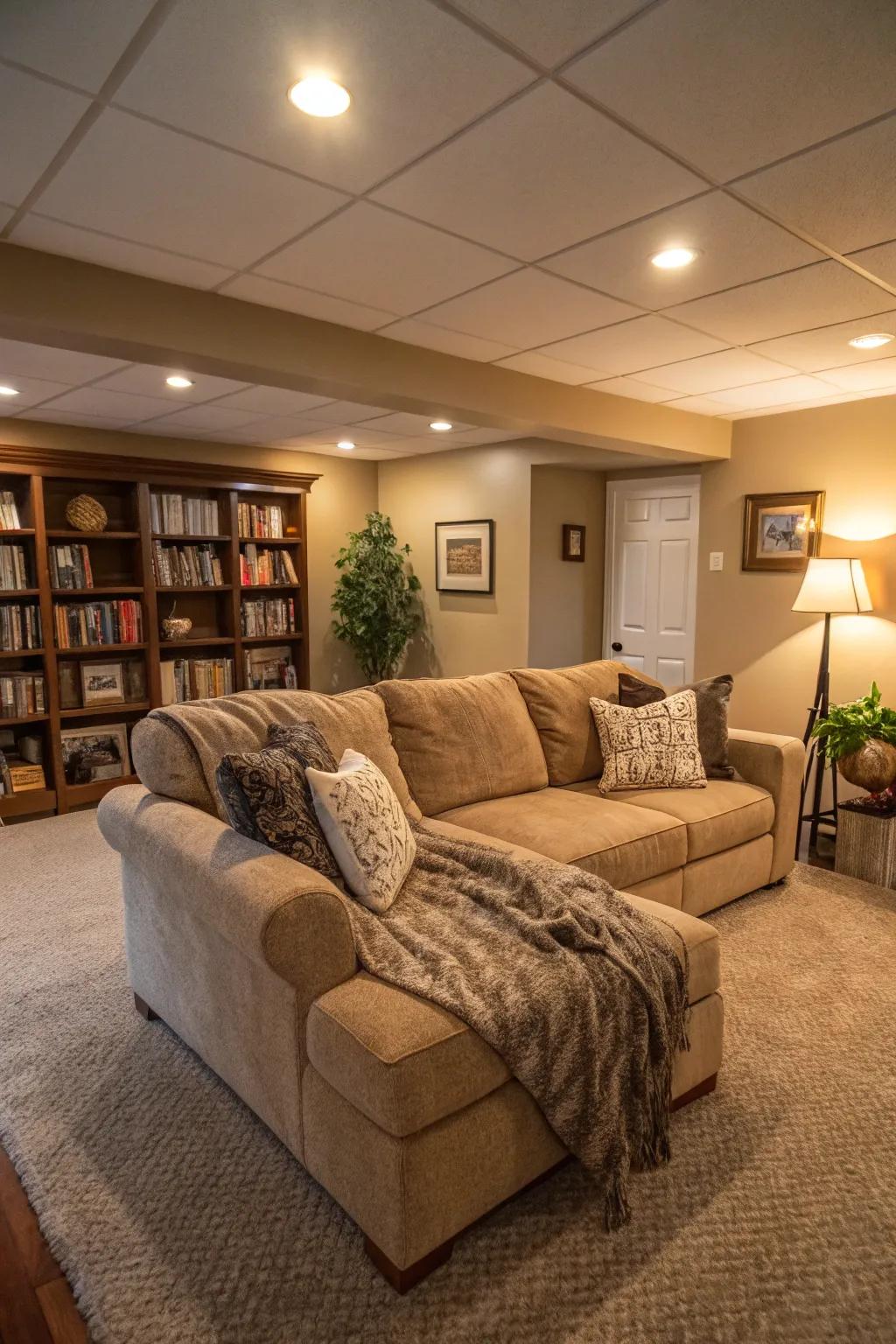 A comfortable basement lounge featuring a sectional sofa and pleasant lighting.
