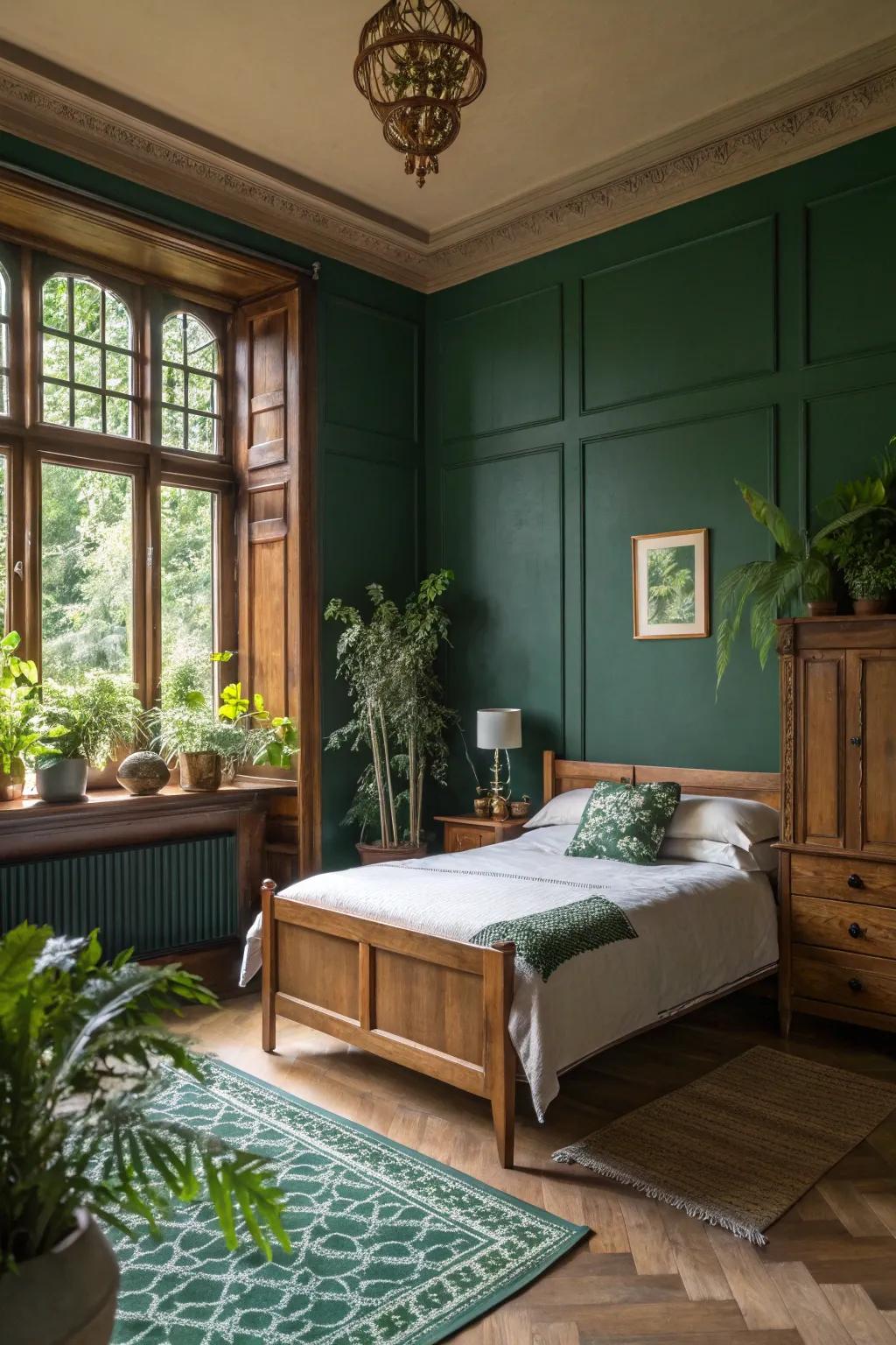 Deep green walls bring the tranquility of nature into your bedroom.