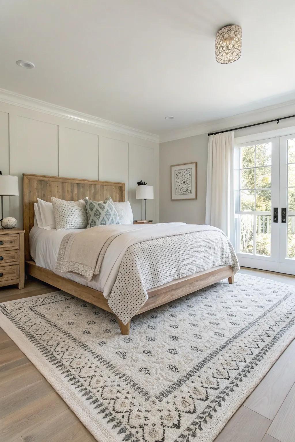 A large rug anchors the bedroom and adds warmth.