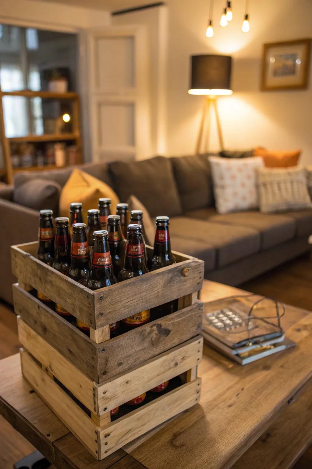 Rustic wooden crates filled with beer bottles in a cozy living room setting.