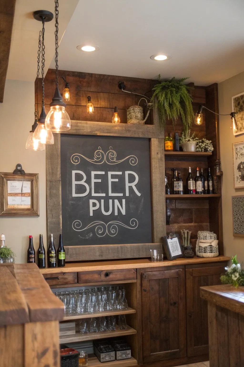 A chalkboard with a witty beer pun adds a playful touch to any bar.