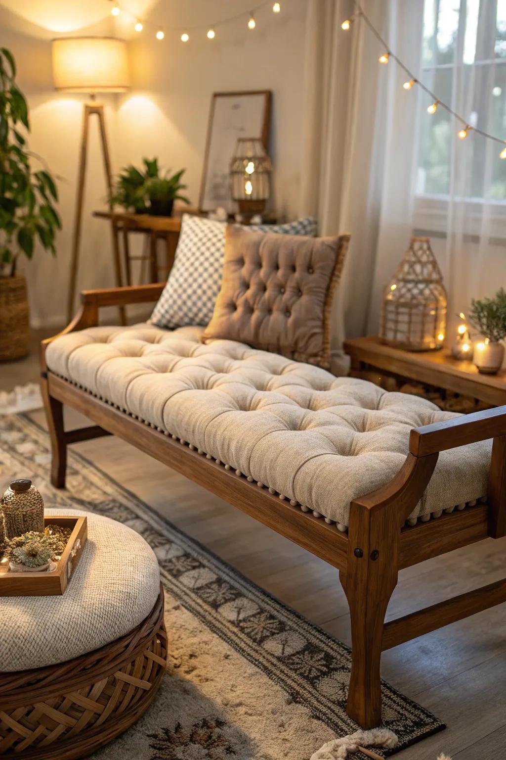 A tufted cushion brings timeless elegance to any bench.