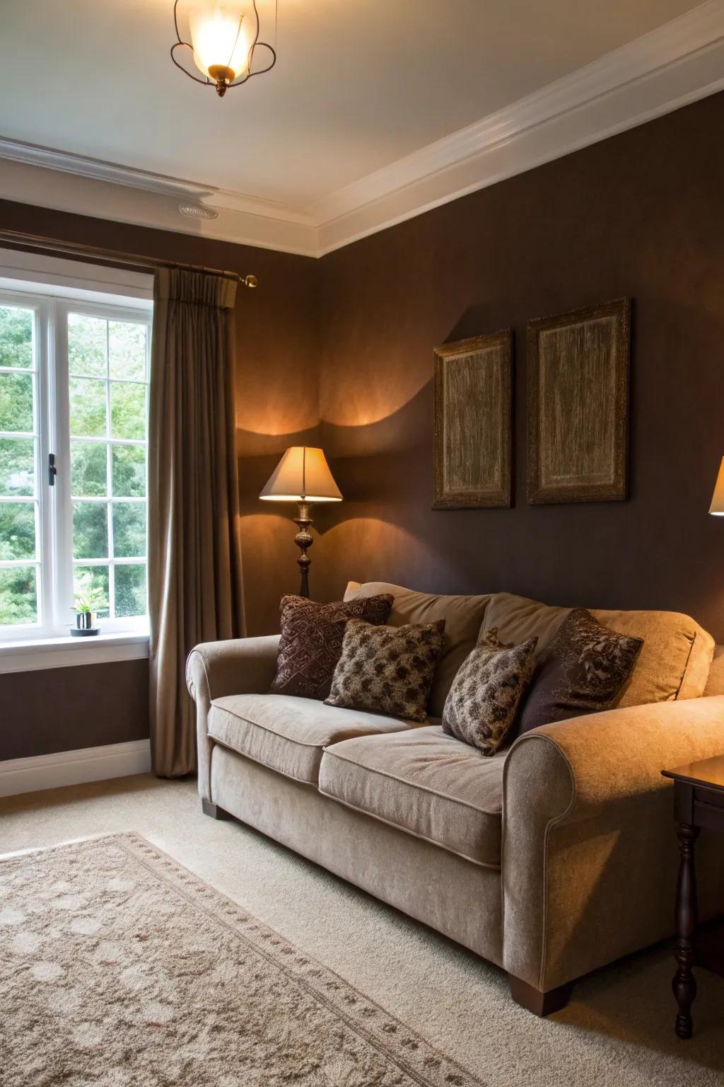 A welcoming living room wrapped in chocolate brown warmth.