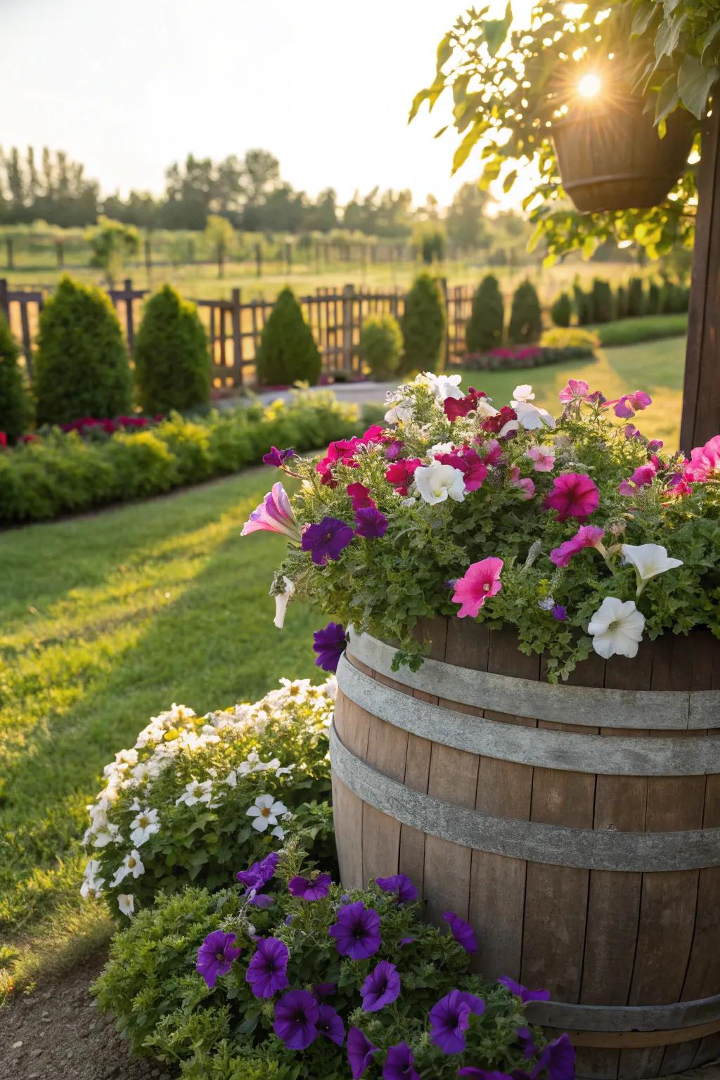 A whiskey barrel brimming with colorful, cascading petunias.