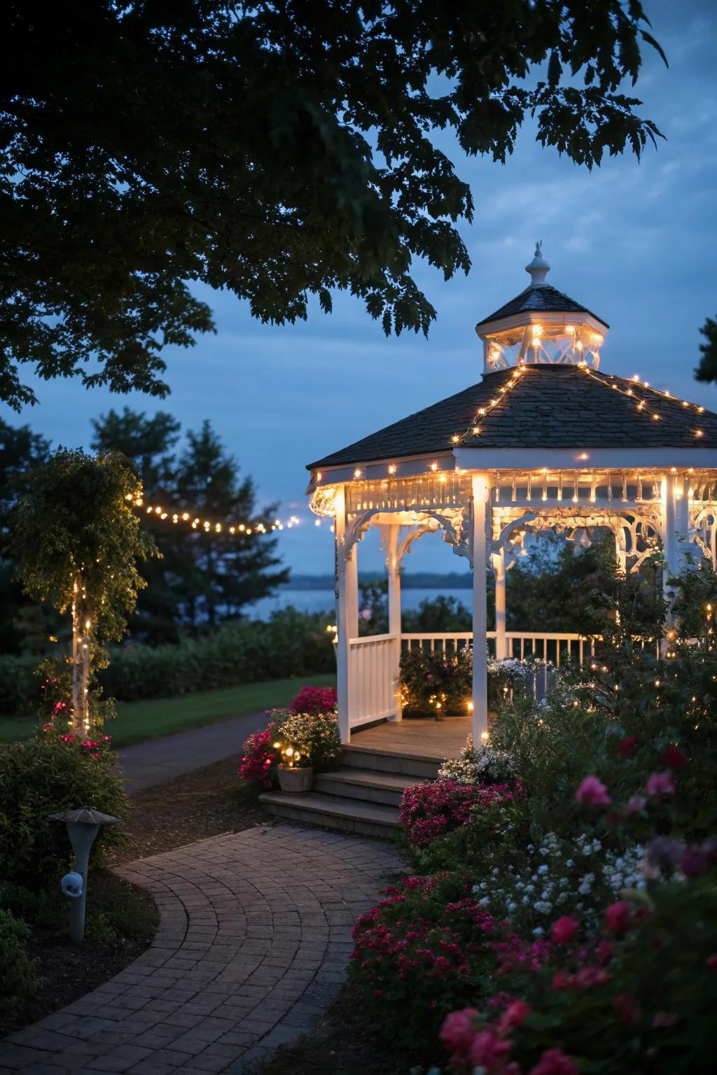 String lights gracefully draped across a gazebo, crafting an enchanting and storybook-like ambiance.