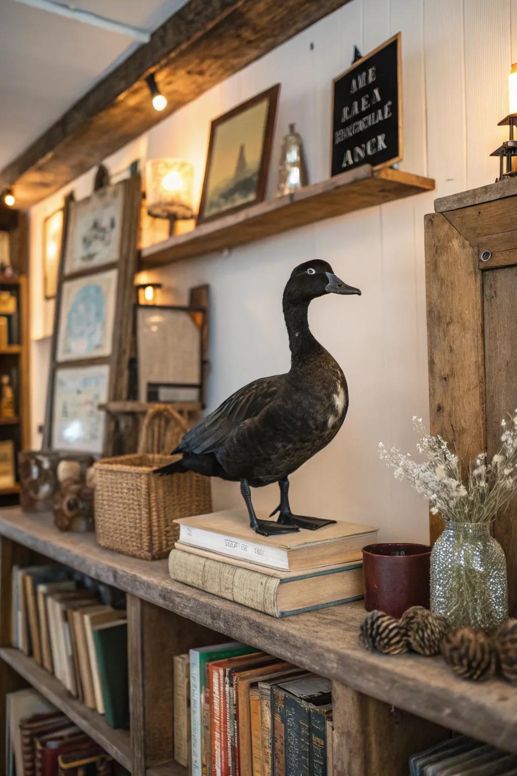 A quintessential waterfowl upright display showcased on a weathered ledge.