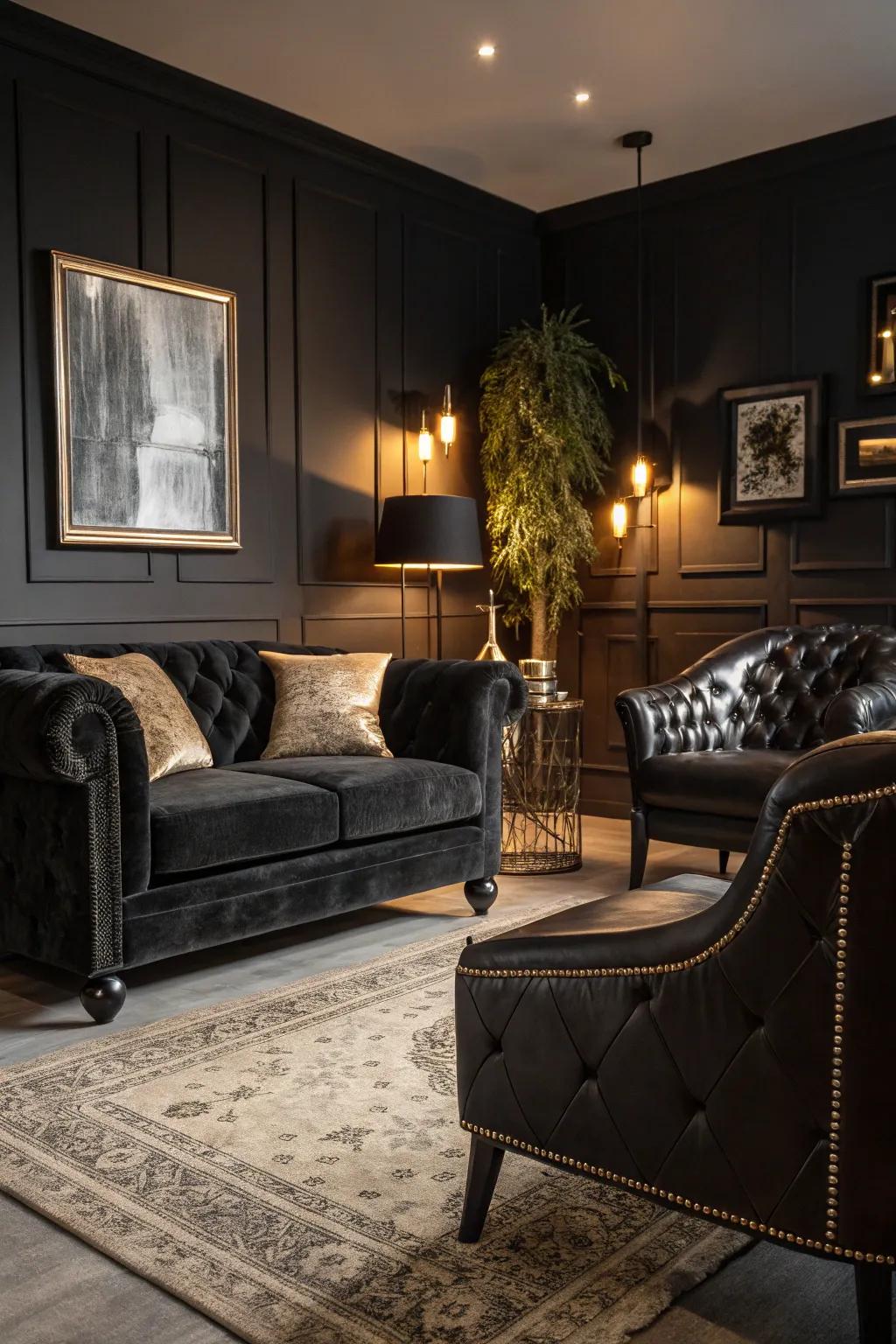 A black living room with velvet and leather textures for a luxe feel.