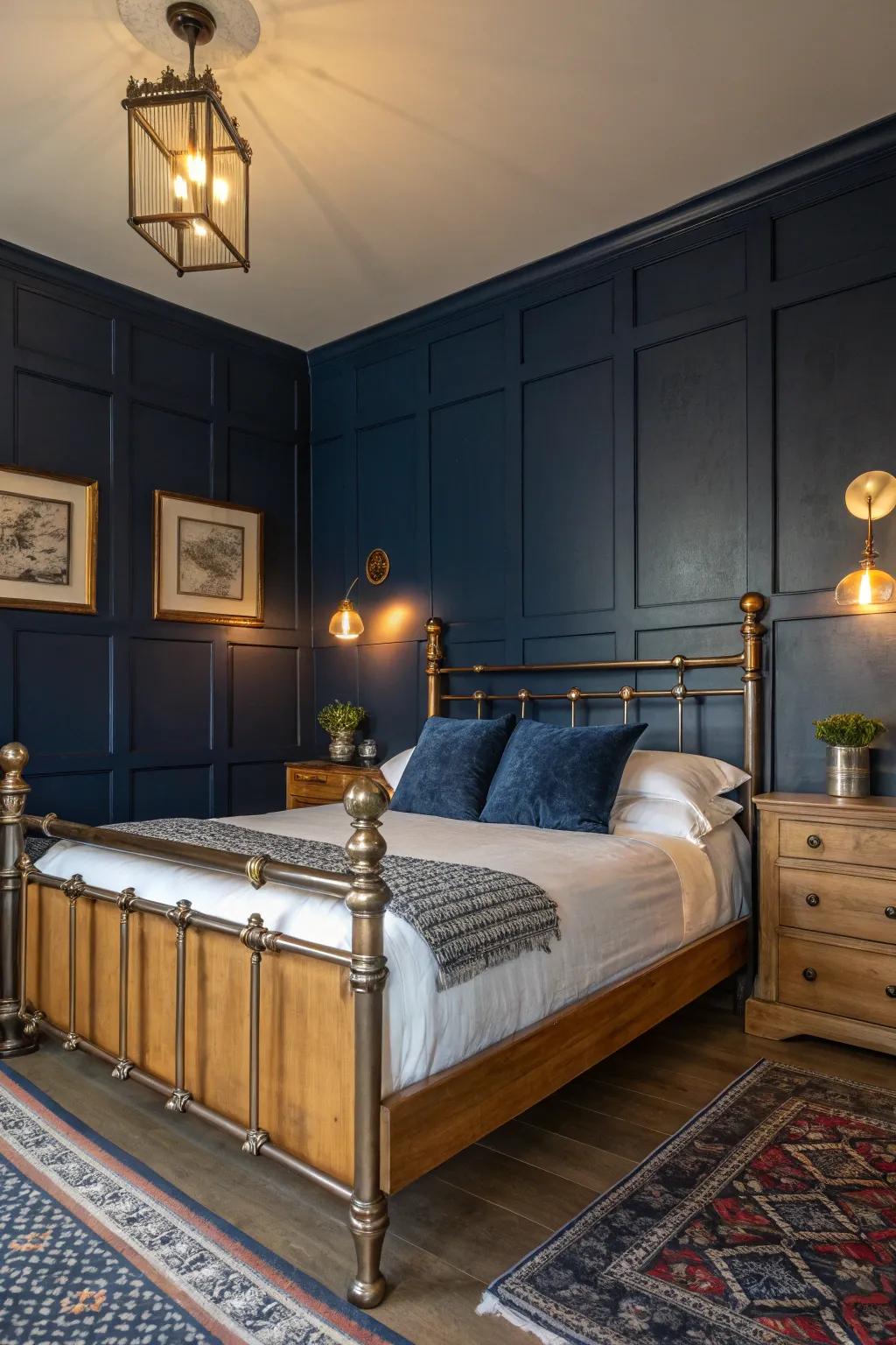 Deep navy walls create a cozy and sophisticated ambiance.