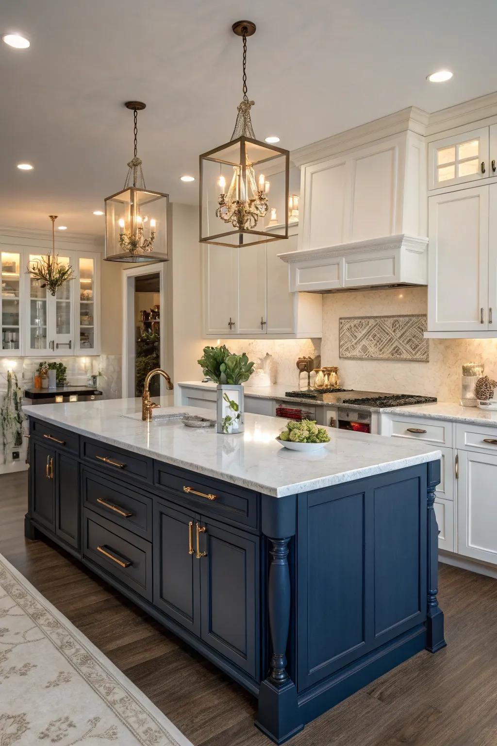 A navy blue island paired with white cabinets creates a classic and elegant kitchen.