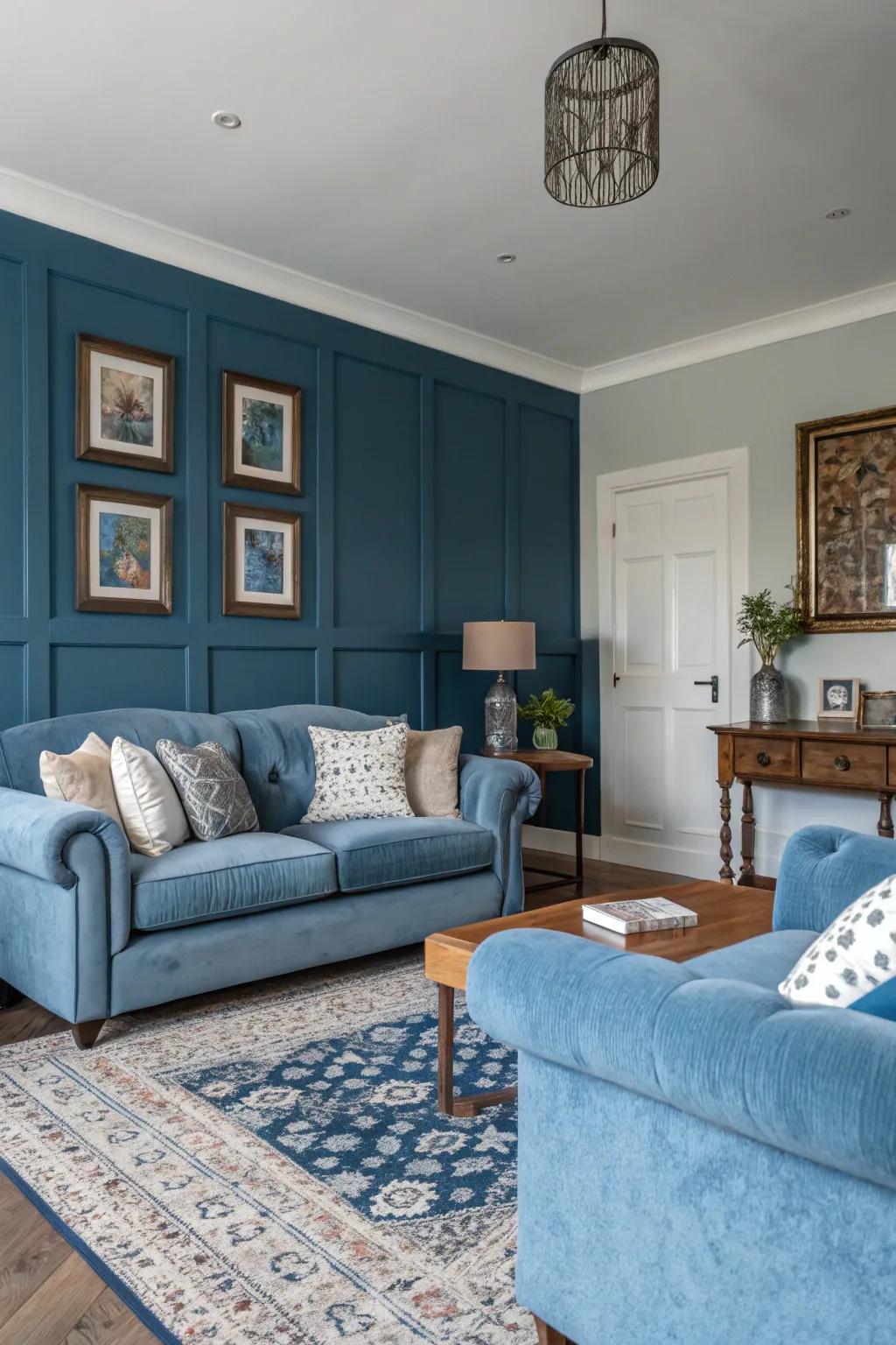 A harmonious blend of light and dark blue tones adds depth to this living room.