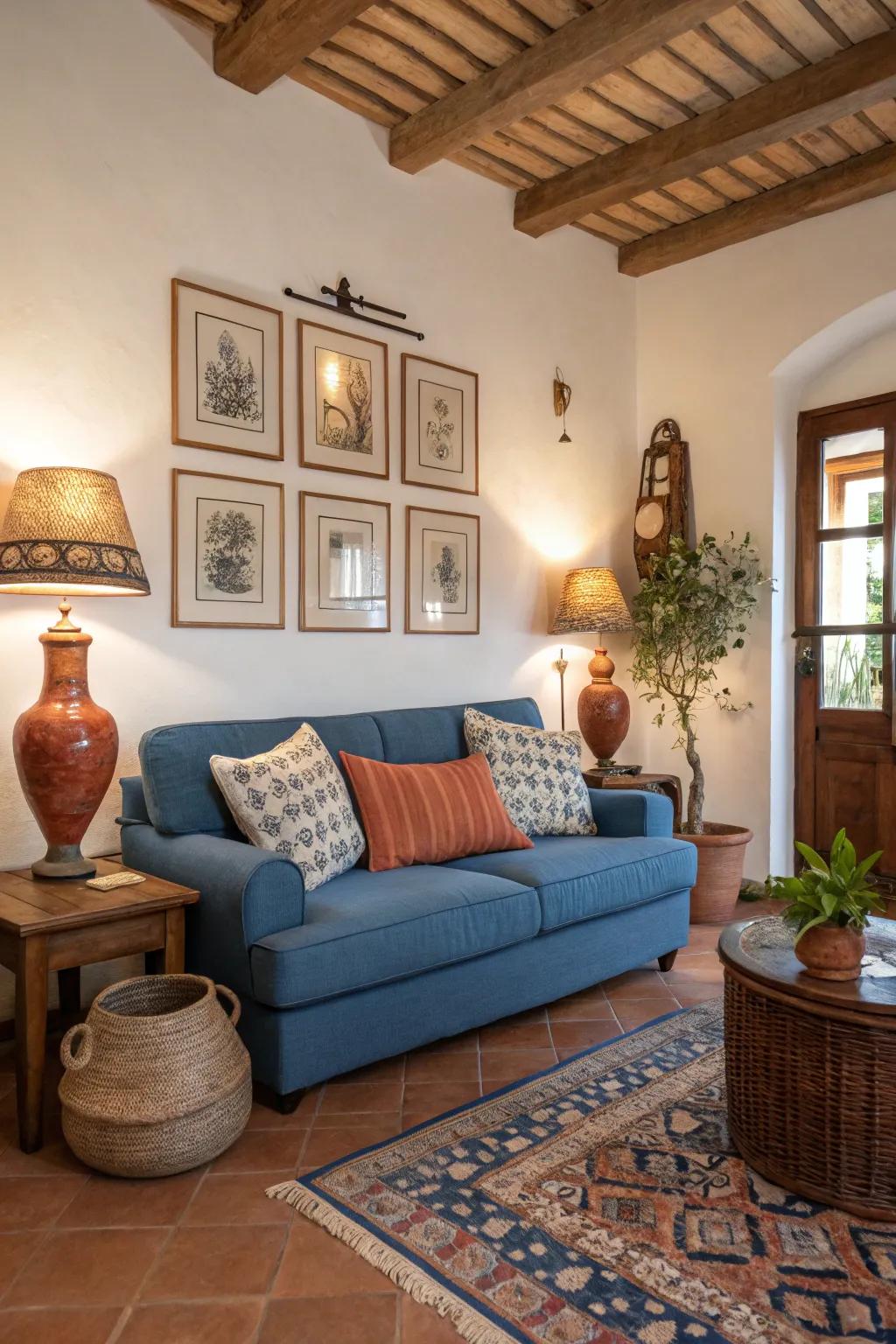 Blend a blue settee with heartwarming earth tones to create a cozy feel.