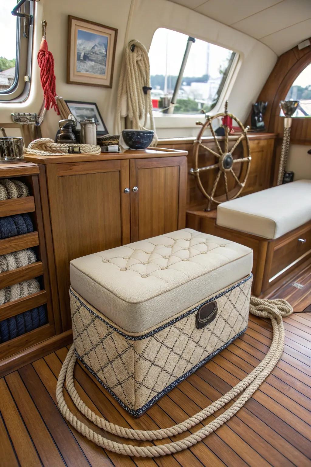 An elegant ottoman featuring integrated stowage within a nautical-themed vessel interior.