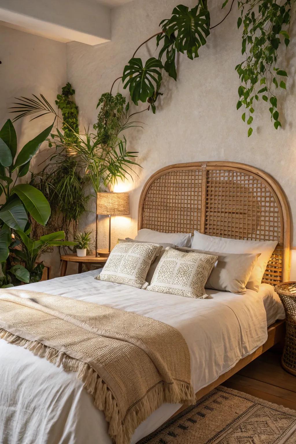 A woven rattan headboard brings a natural touch to this boho bedroom.