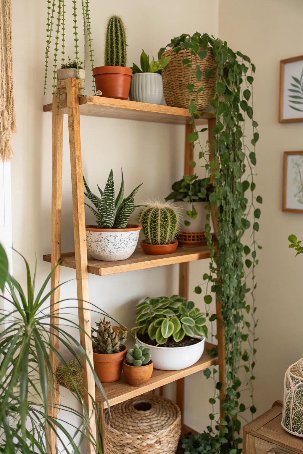 Invigorate your display shelves with diverse houseplants.