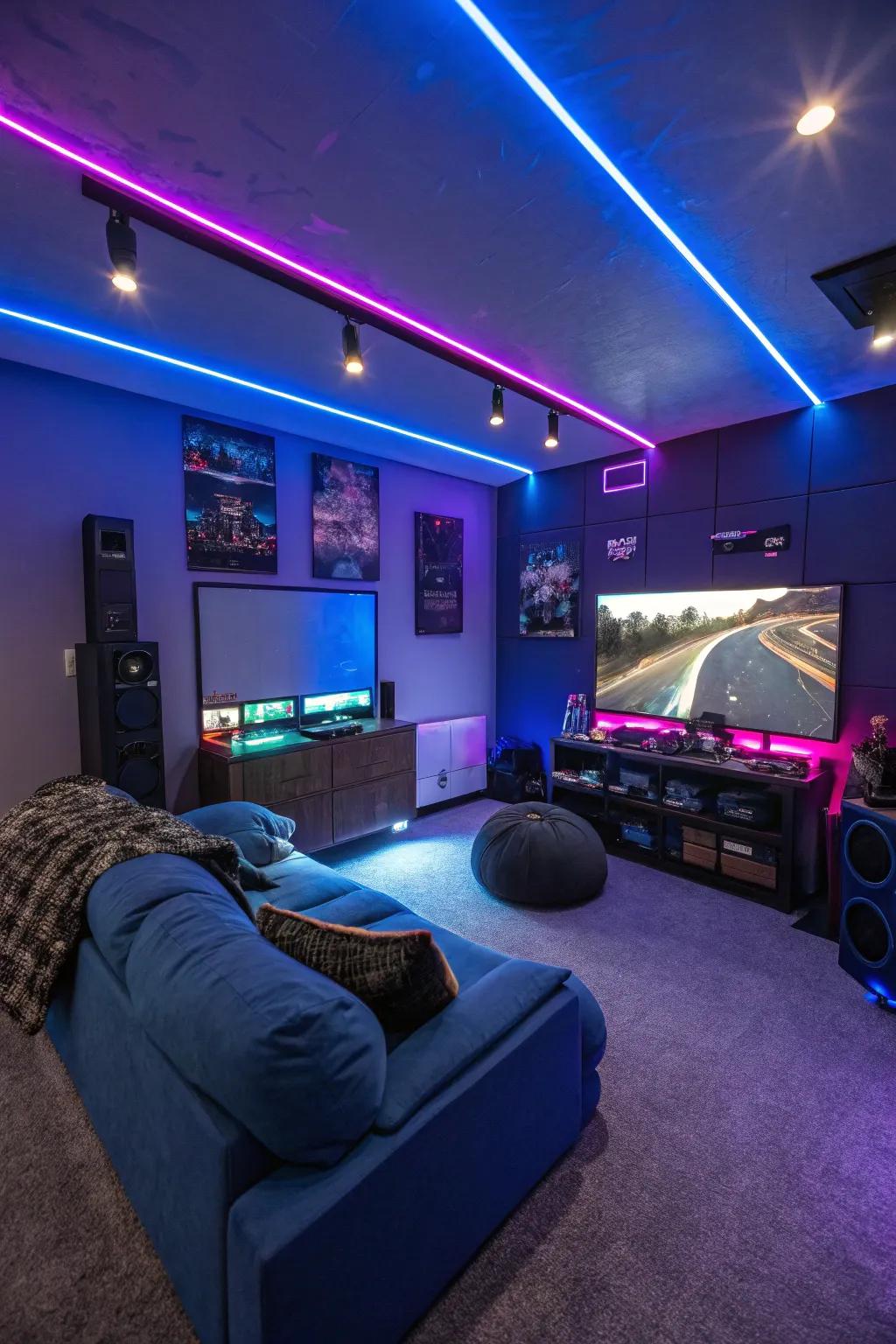 LED lights in shades of blue and purple set the tone for an exciting gaming session.