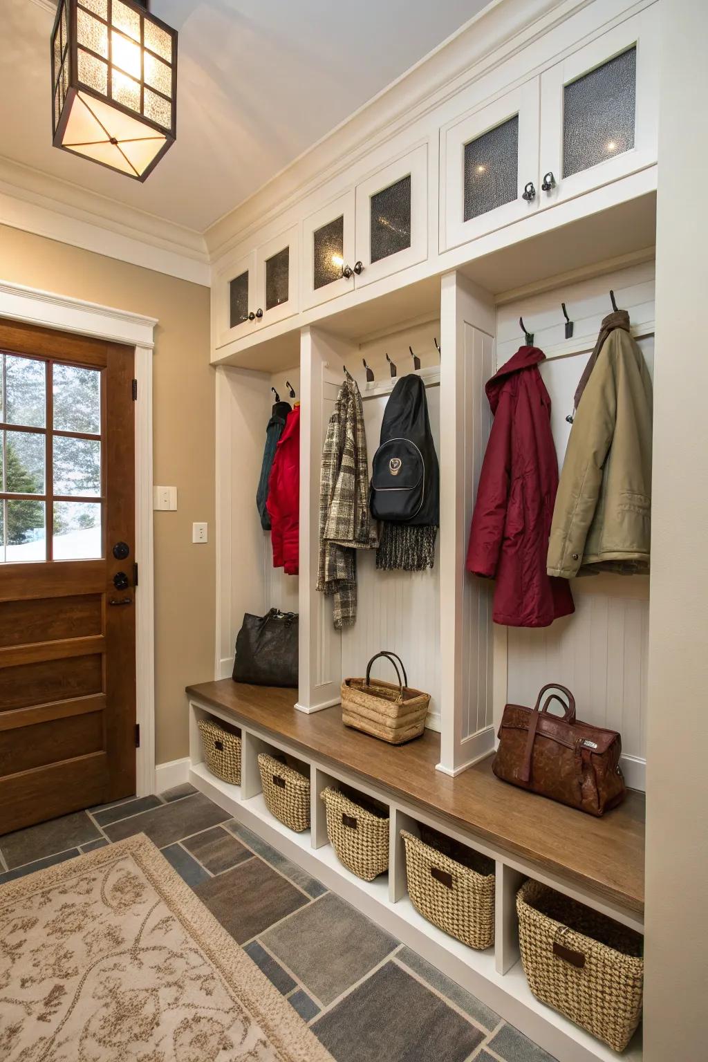 Tidy entryway with built-in lockers keeping clutter at bay.