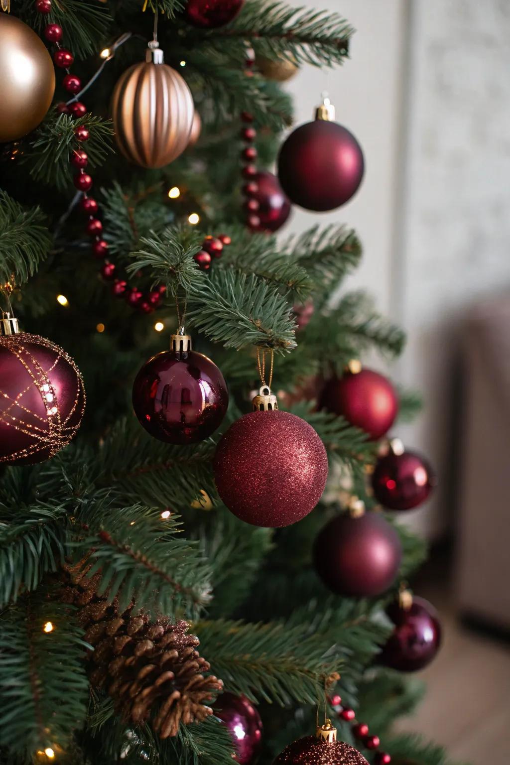 Stunning burgundy baubles add depth and luxury to the Christmas tree.