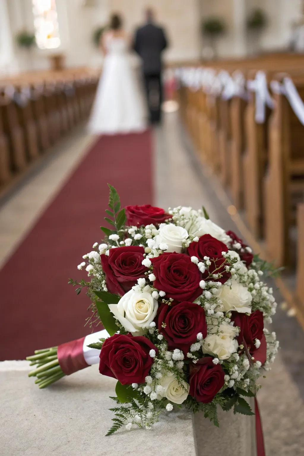 Classic burgundy roses paired with white blooms.