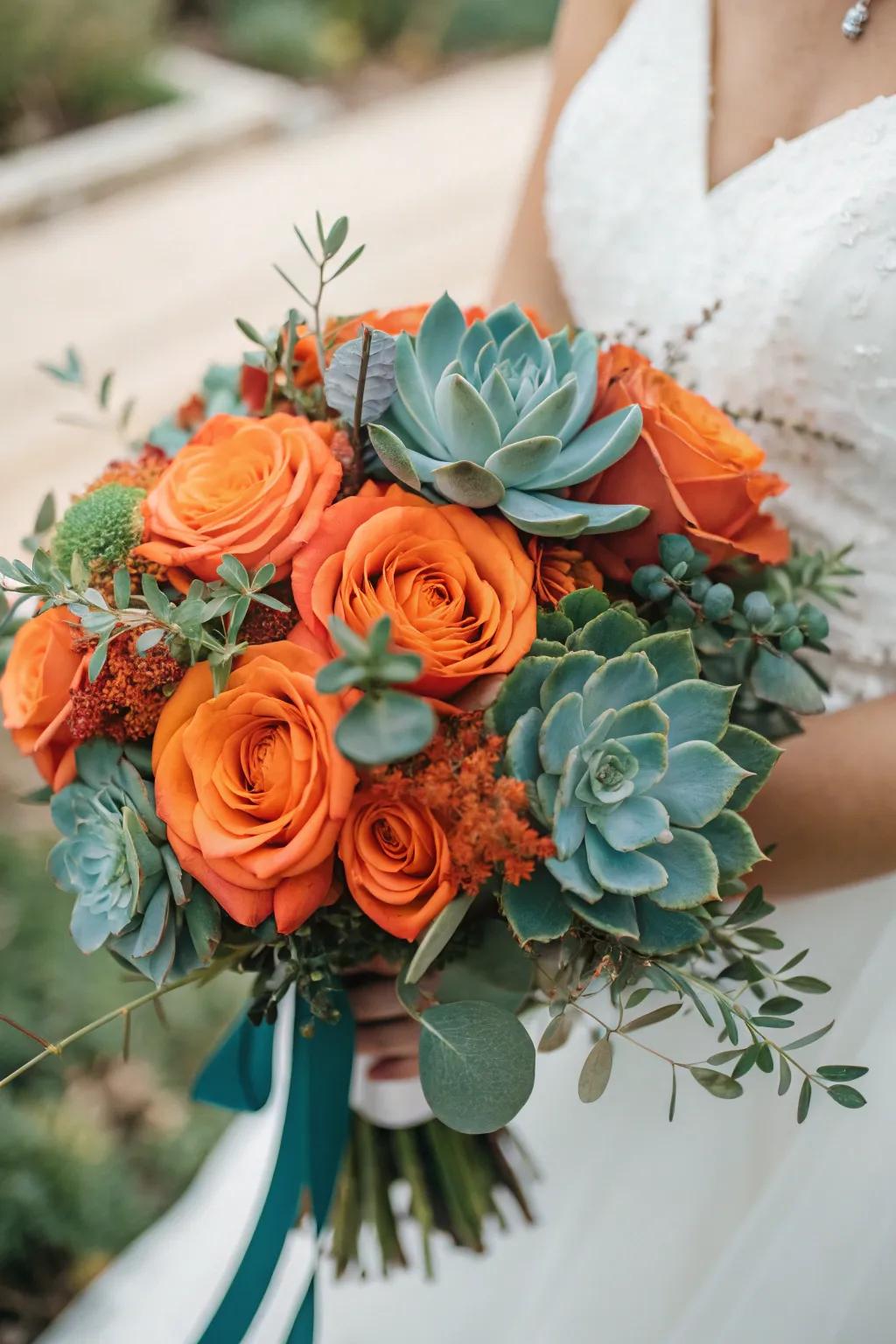 A bridal bouquet that blends burnt orange and teal perfectly.