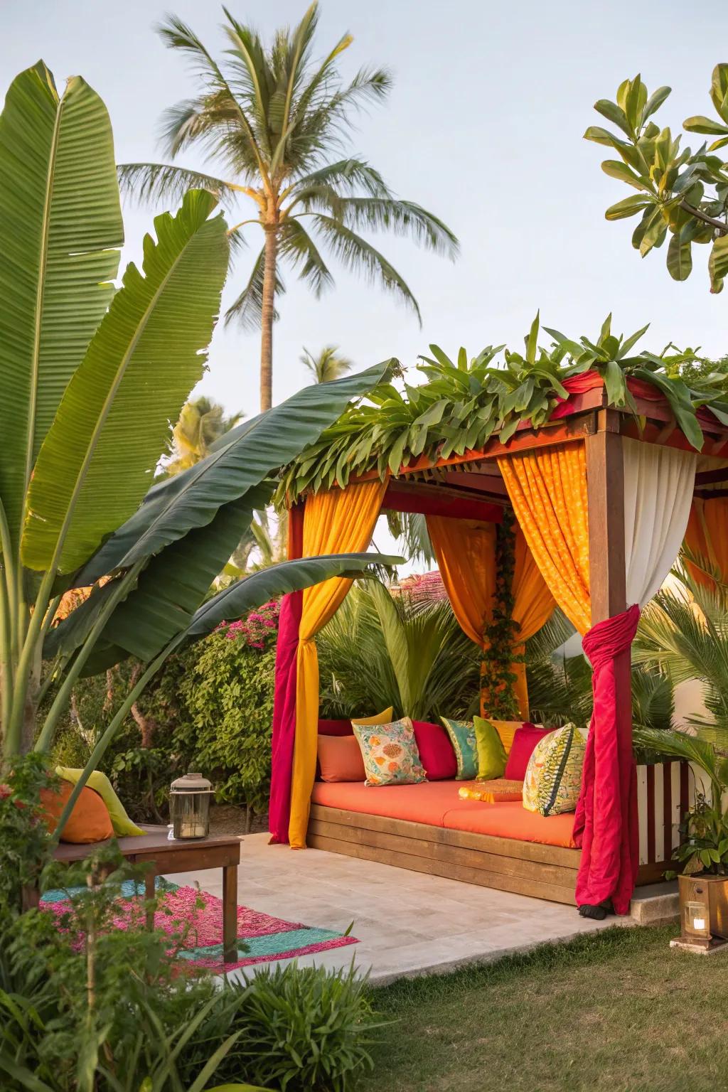 Tropical cabana with vibrant colors and lush greenery.