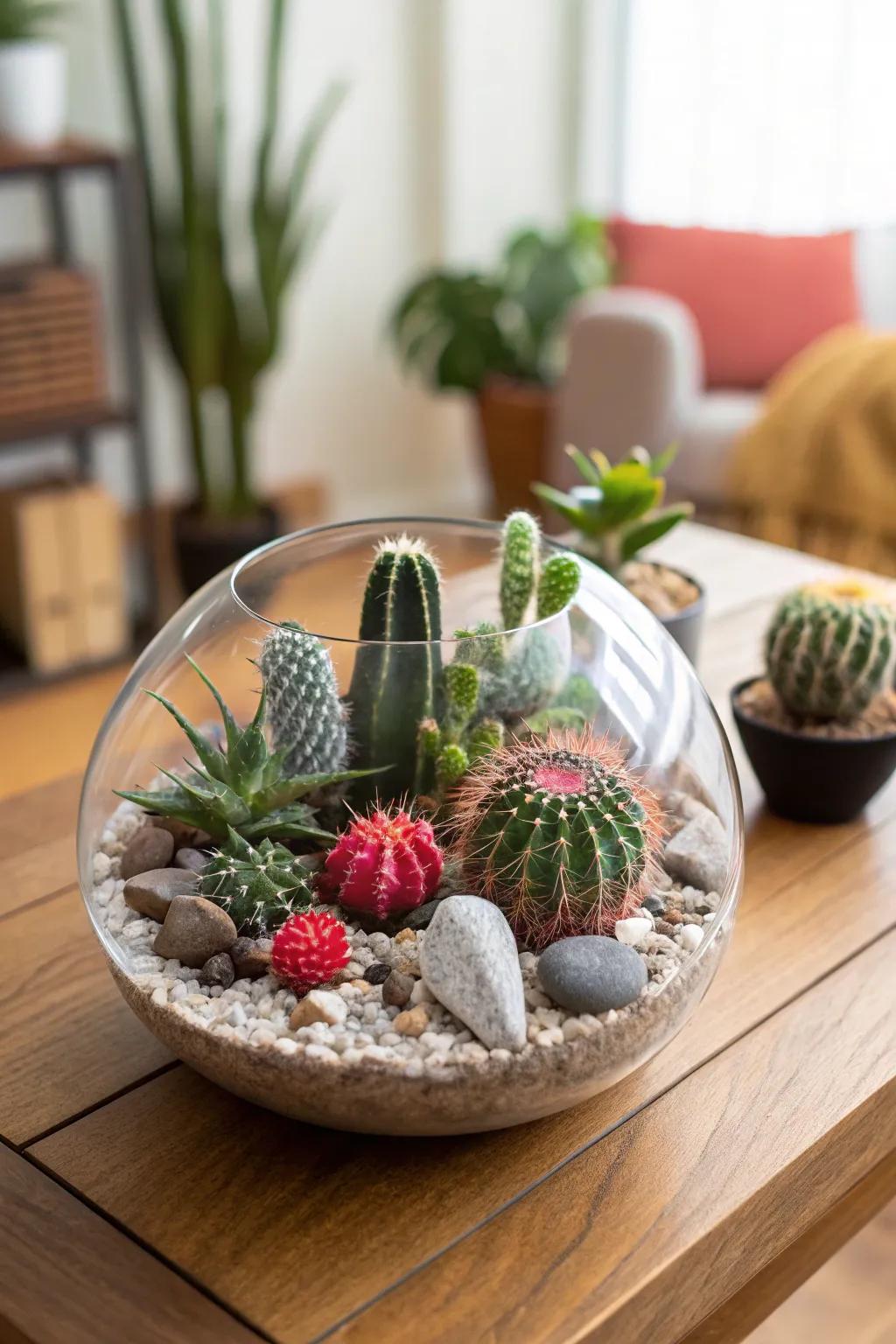 An elegant glass terrarium with cacti forms a petite yet captivating landscape.