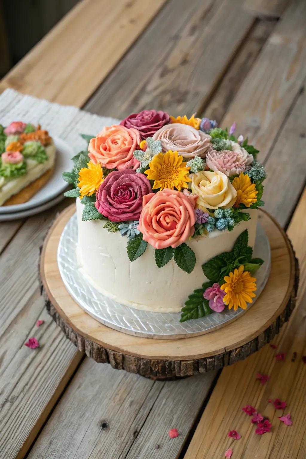 A cake transformed into a blooming garden with buttercream flowers