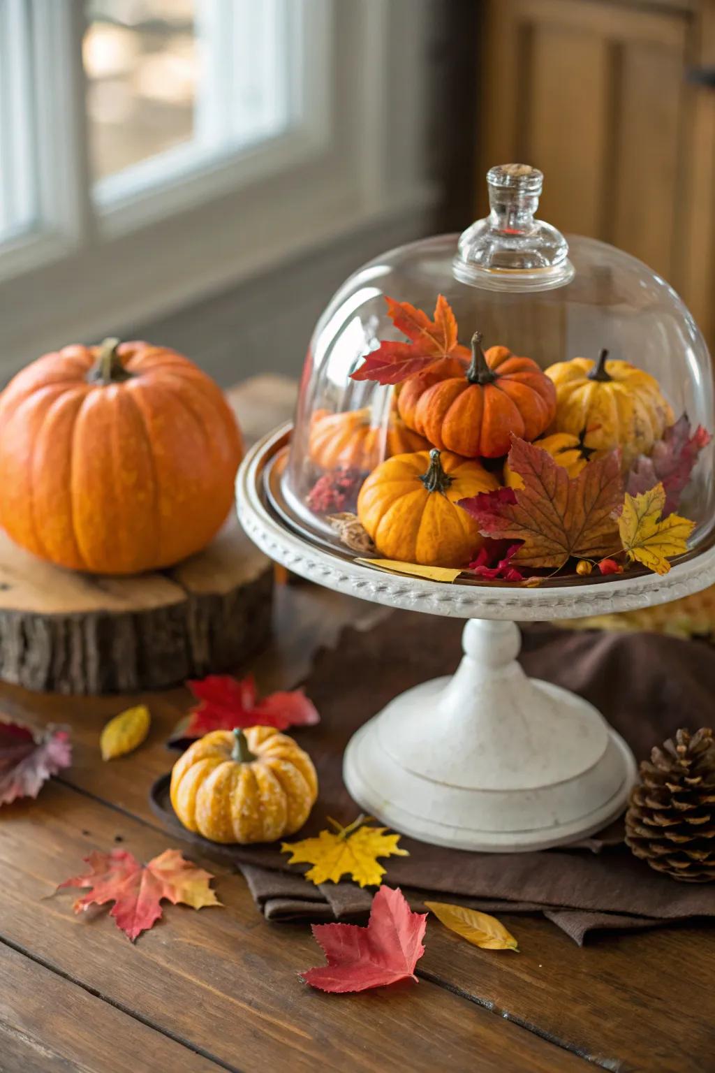 Embody the spirit of autumn with a thoughtfully arranged cake dome display.