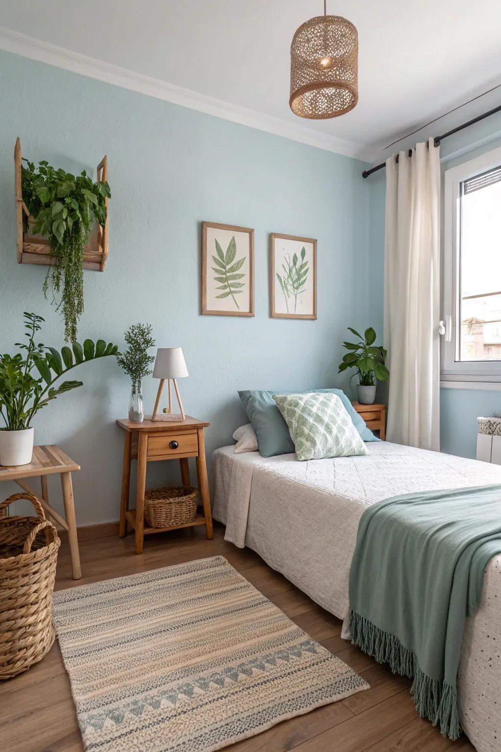 Soft blue walls create a calming atmosphere in the bedroom.