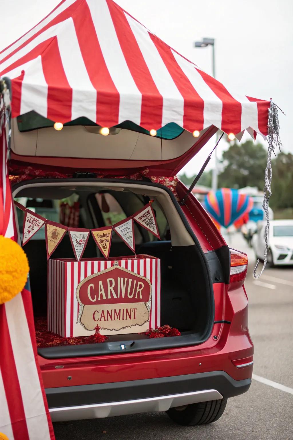 A car trunk transformed into a classic circus tent with vibrant red and white stripes.