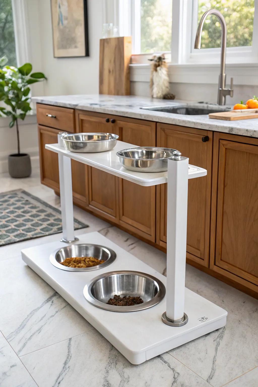 Elevated feeding stations add a touch of class and aid in digestion.