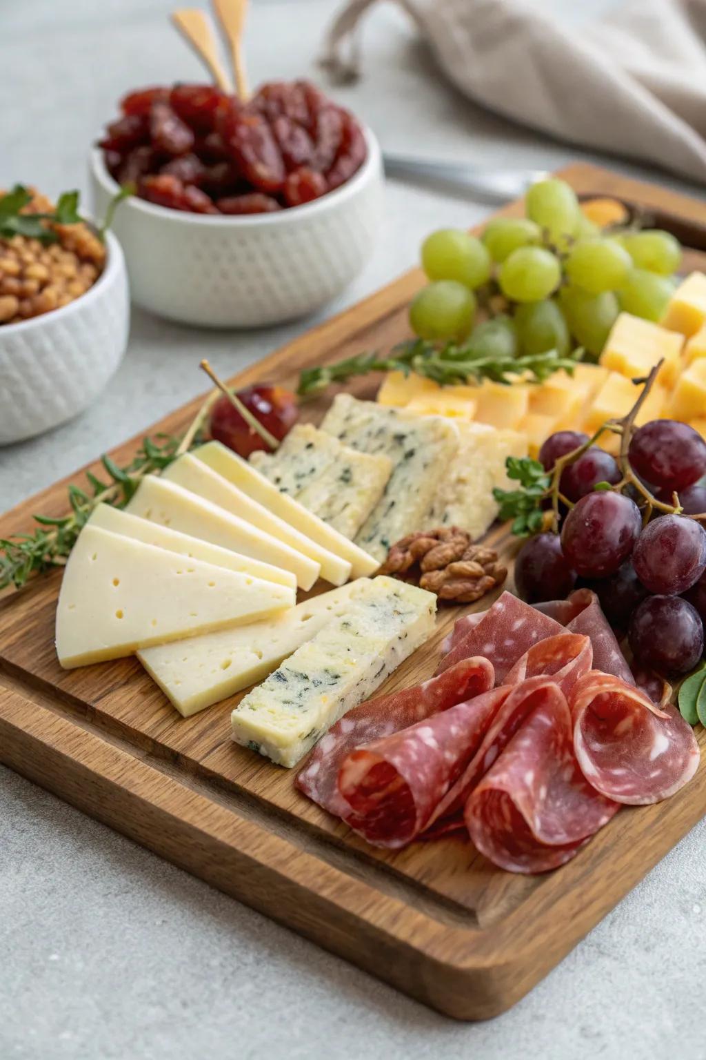 A timeless presentation of a classic charcuterie board arrangement.