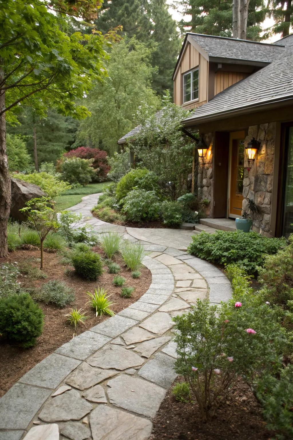 A stone pathway introduces charm and structure to any front yard.