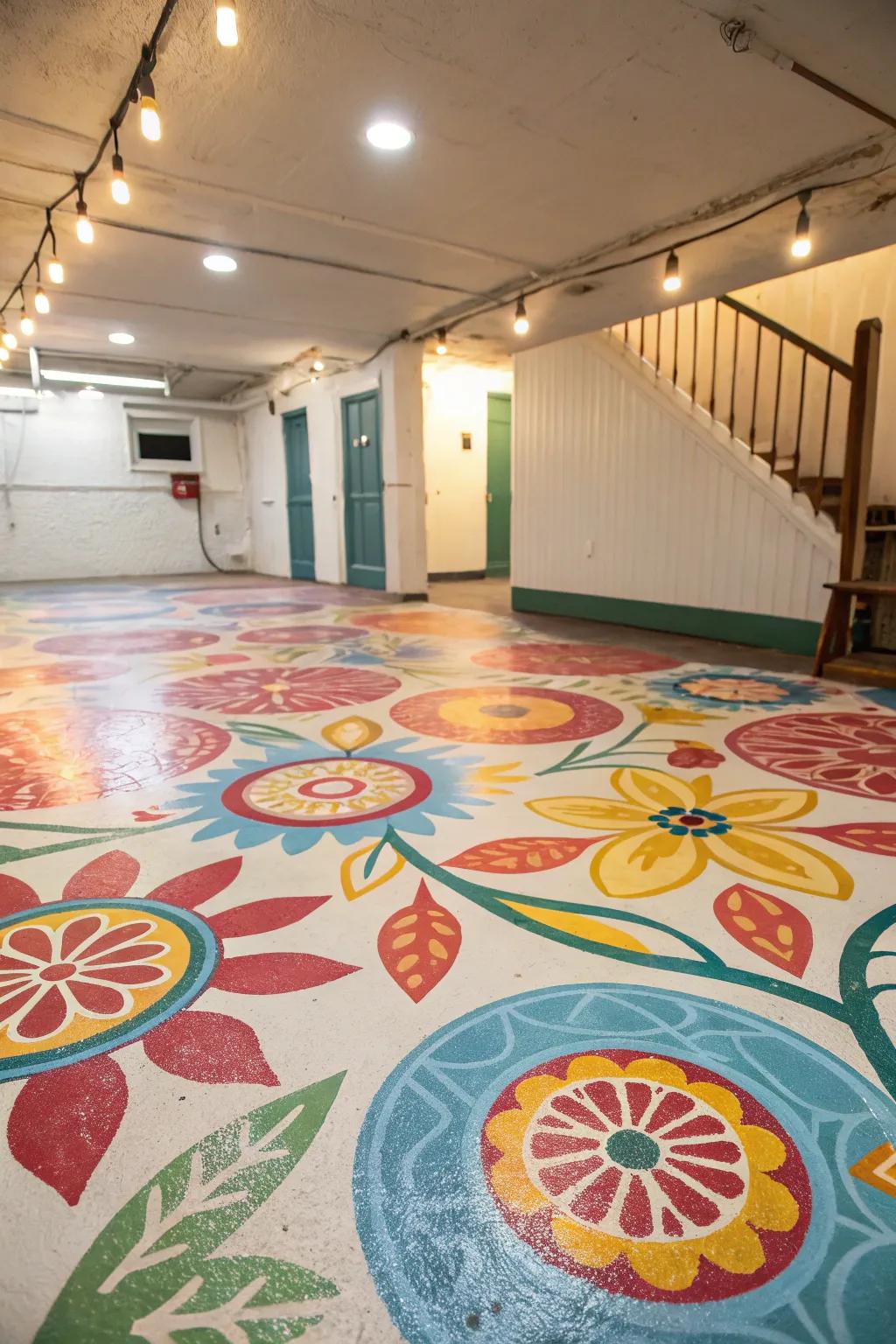 A splash of paint can turn plain concrete into a vibrant basement floor.